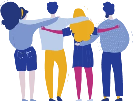 Four illustrated figures with arms around each other, facing away.