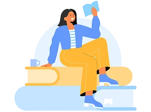 Illustration of a woman sitting on two books while reading another book