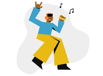 Illustration of a man listening to music with headphones while dancing.