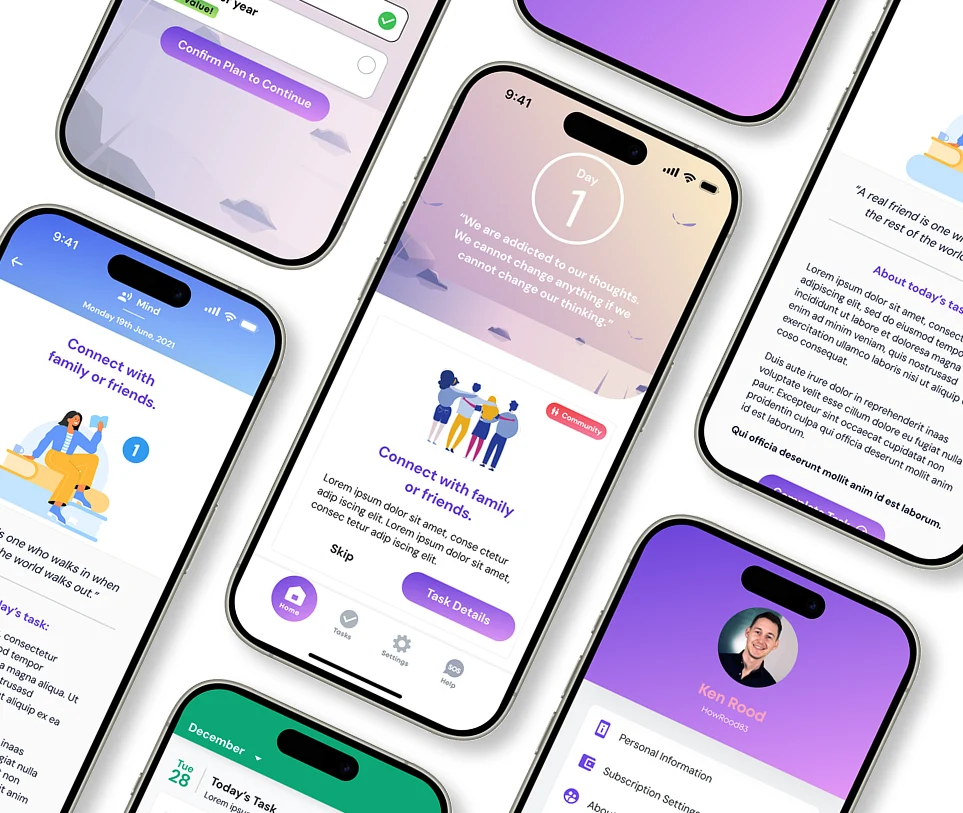 Several smartphone screens showing a recovery tracking app with user progress, tasks, and welcome messages.